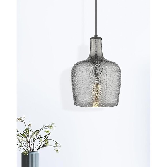 Smoky Gray Hammered Glass Bell Pendant Light | Modern Ceiling Fixture - Picture 7 of 11